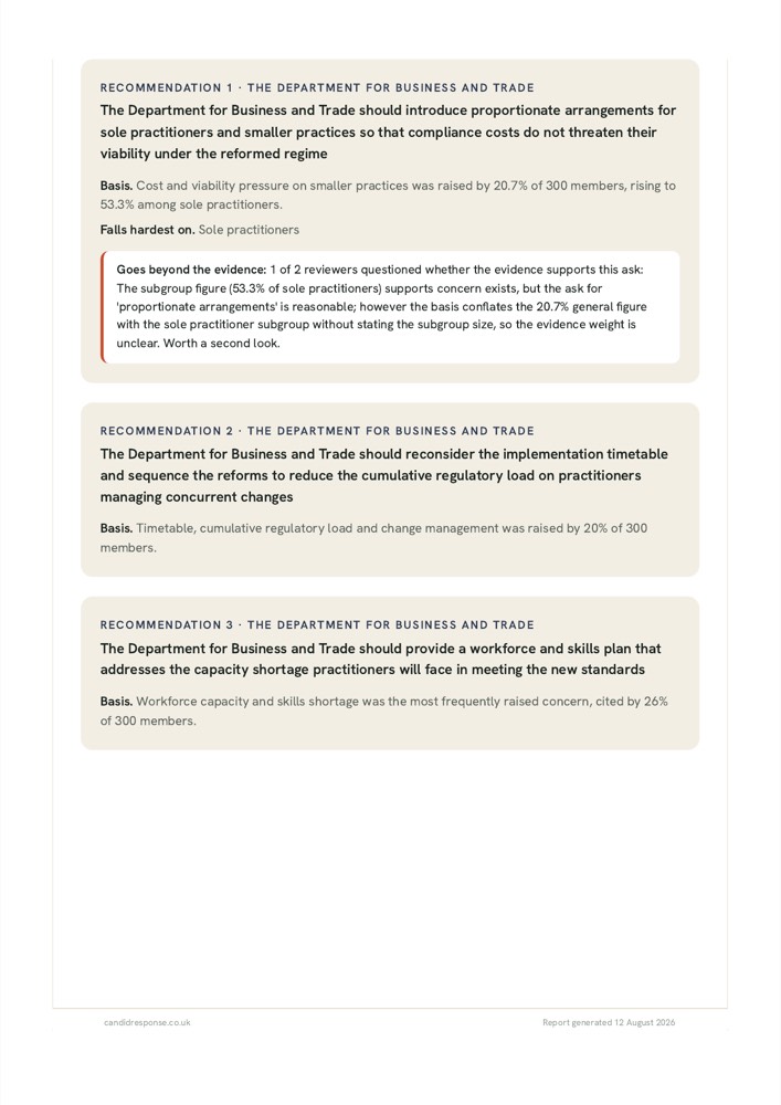 Drafted recommendations, each with the finding it rests on